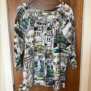 100% Linen LANTANA CASUALS Artsy Abstract Print Button Down | L